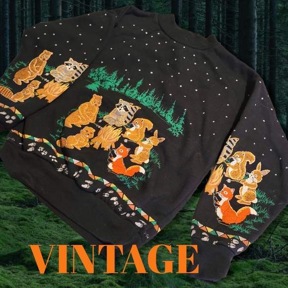 Vintage 70s Childs Sweatshirt Campfire Forest Friends Printed Both Sides Iconic - Picture 4 of 7